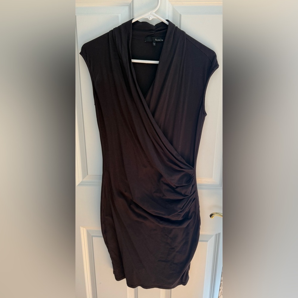 Ro & De Black Drape Front Ruched Bodycon Mini Dress | Size Small